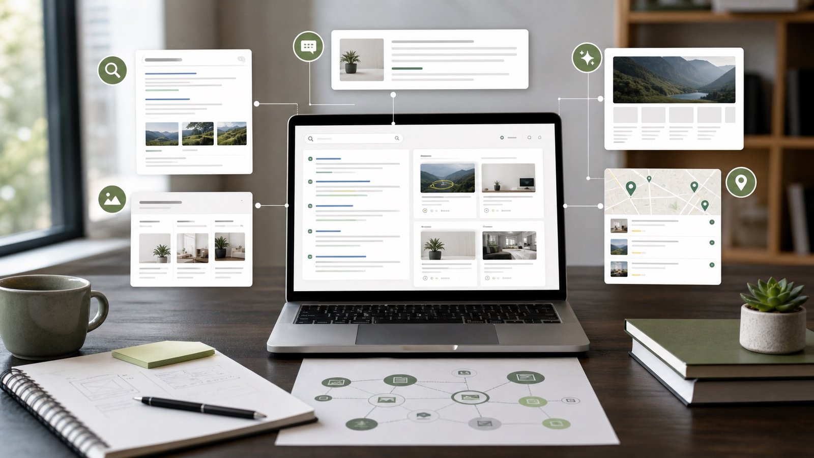 Search visibility strategy workspace showing answer cards, content clusters, local search panels, and analytics elements