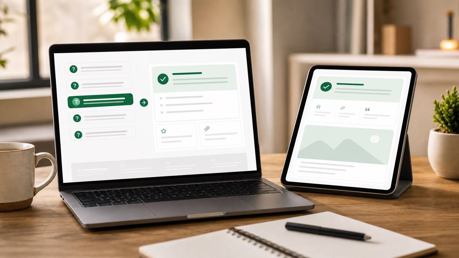 Answer Engine Optimization workspace with question cards, answer blocks, and structured website content