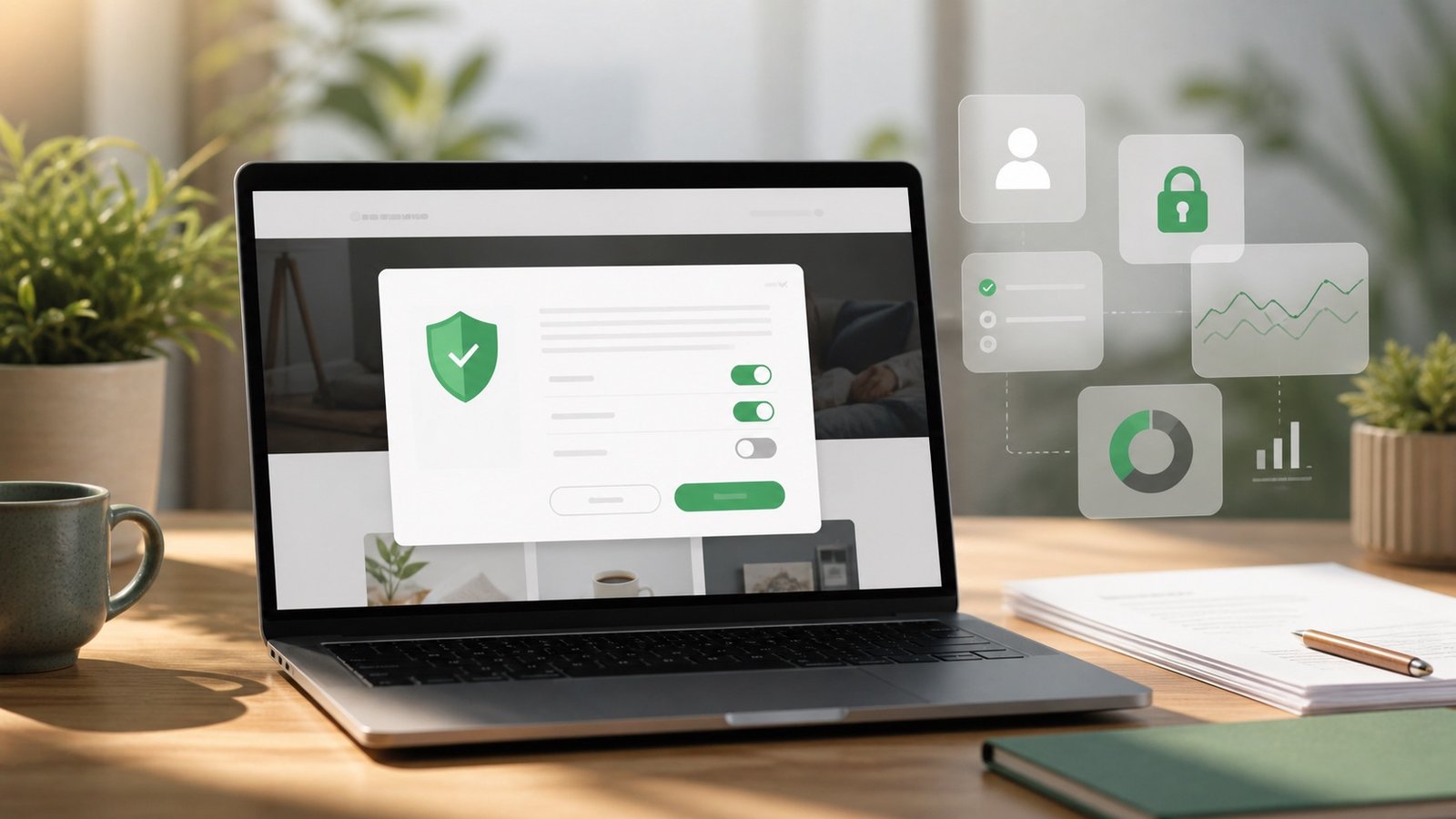 Cookie consent preference panel with privacy controls and analytics symbols on a business website