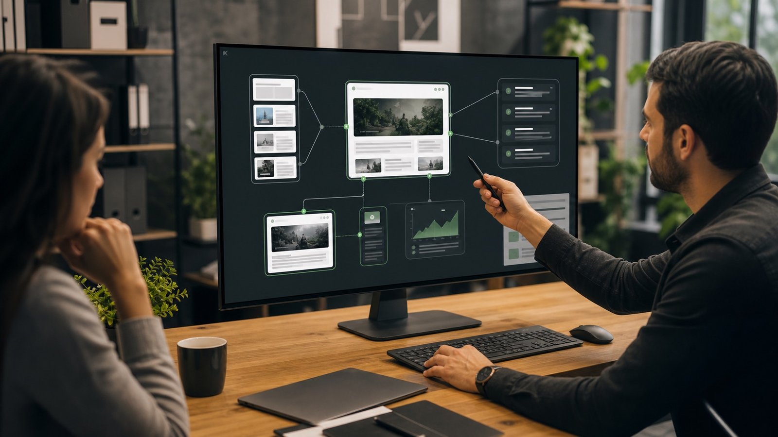 Generative Engine Optimization workspace with connected content nodes, source panels, and website evidence signals