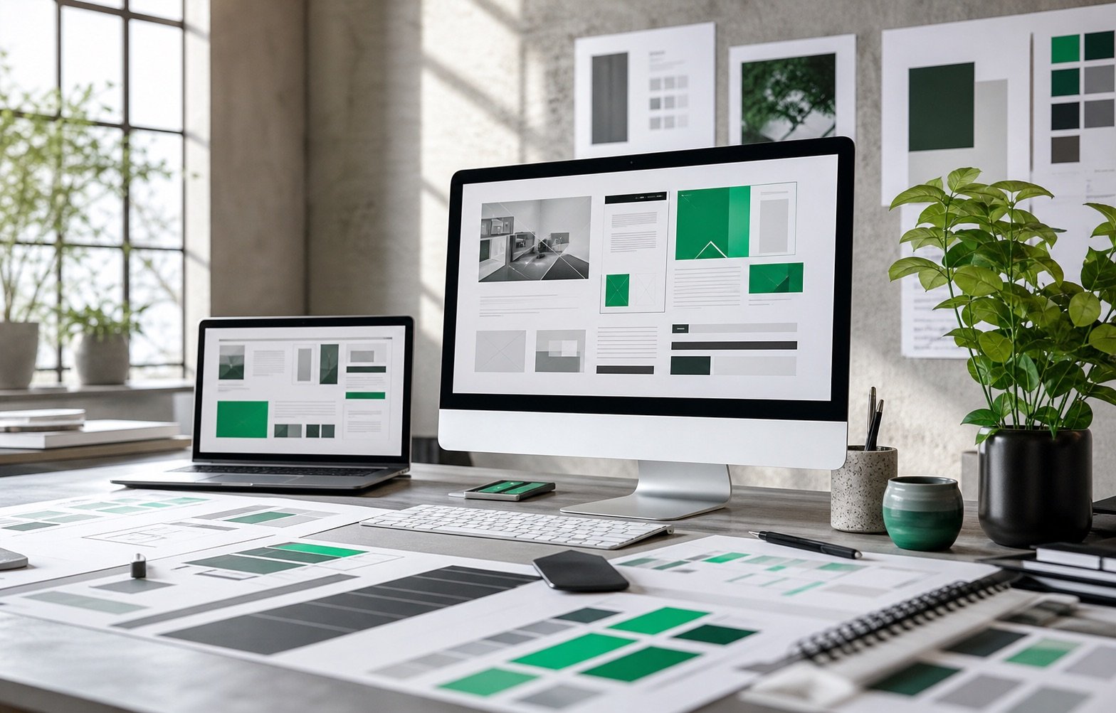 Website design studio workspace with interface planning