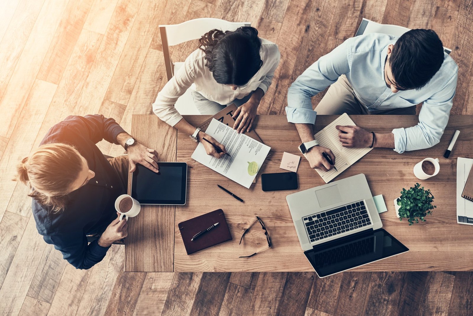 Social media content planning workspace with digital devices